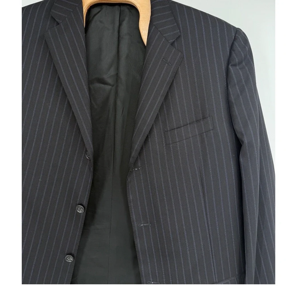 Corneliani Double Breasted Wool  Sports Coat Italy Black Blue Stripes ‎ Mens 56L